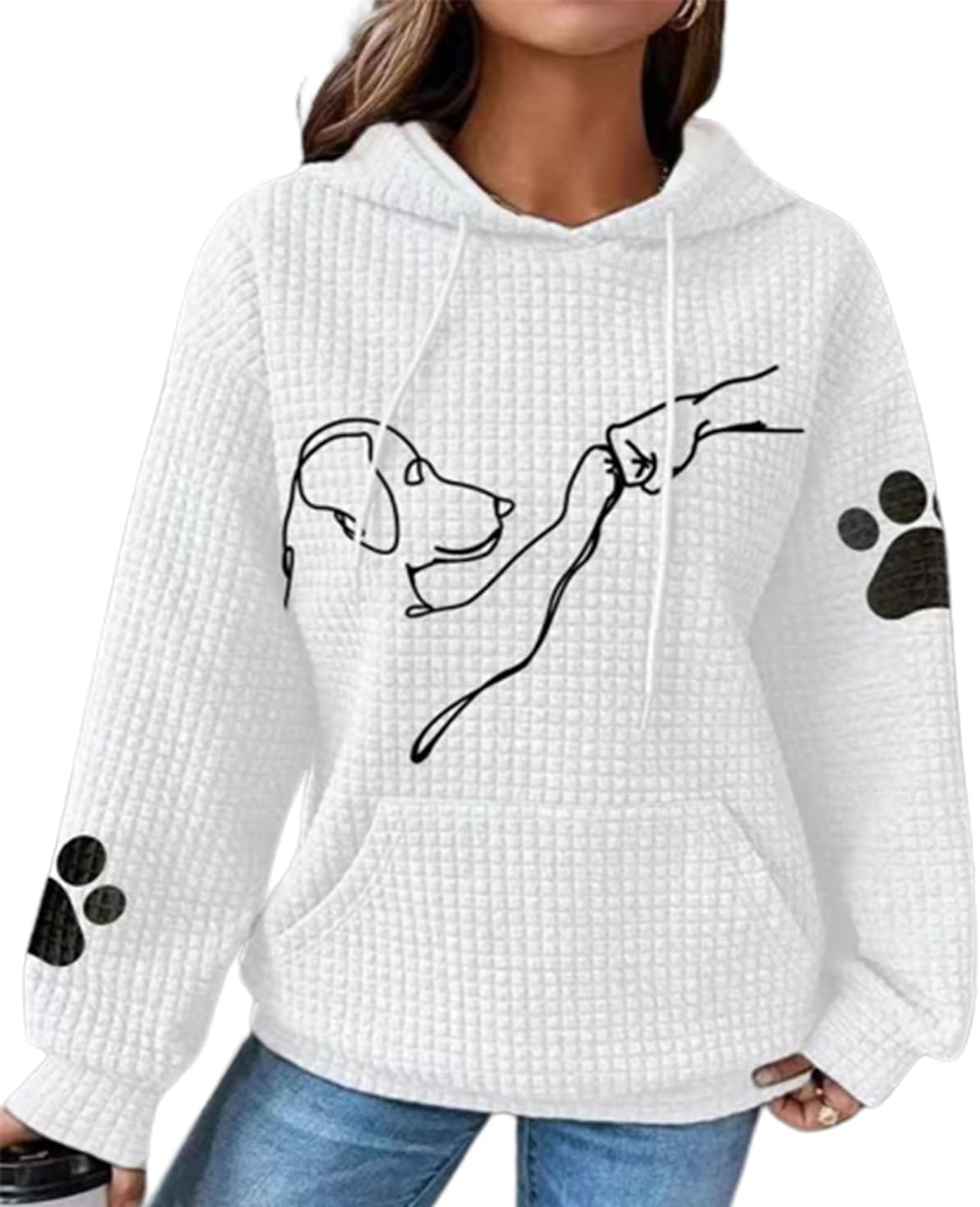 Sweatshirt for Women Cute Dog Printed Waffle Knit Pullover Sweater Oversized Hoodie Casual Plus Size Tops with Pocket