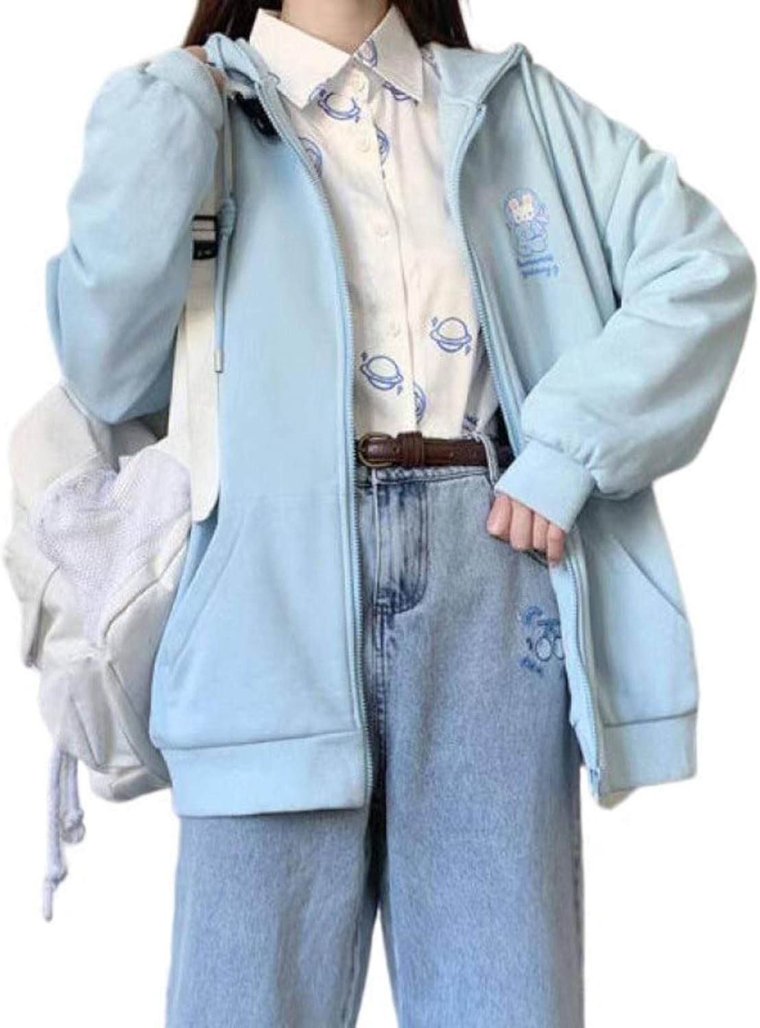 Women's Japanese Loose Kawaii Zip Hoodie Girls Sweet Preppy Jacket Top